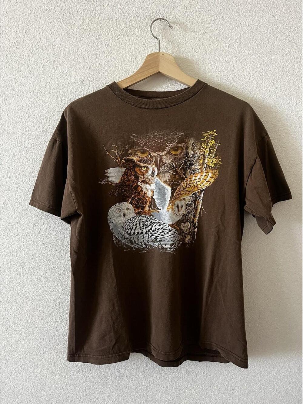 Vintage Nature Owls Graphic T-Shirt Brown M